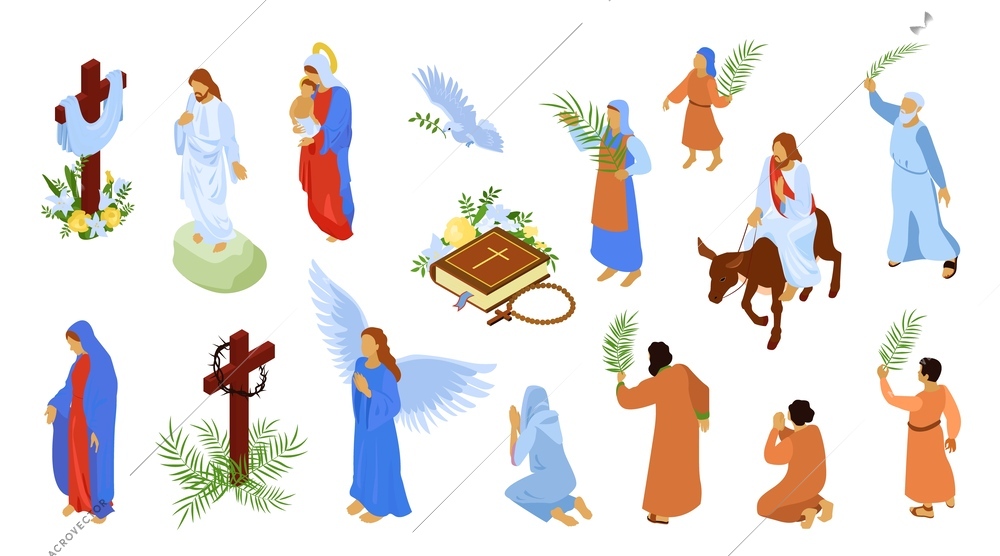 Easter jesus christ virgin mary isometric set of biblical characters isolated on white background vector illustration