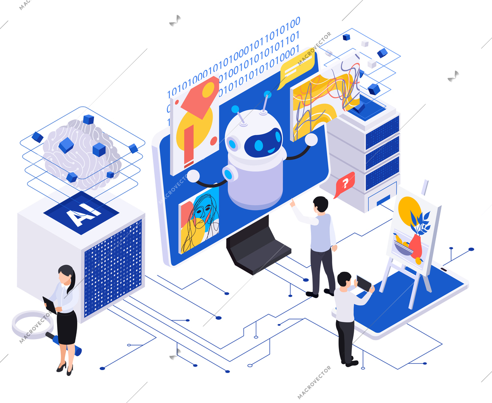 Ai powered content creation isometric composition with human characters and cute robot generating art on computer screen 3d vector illustration