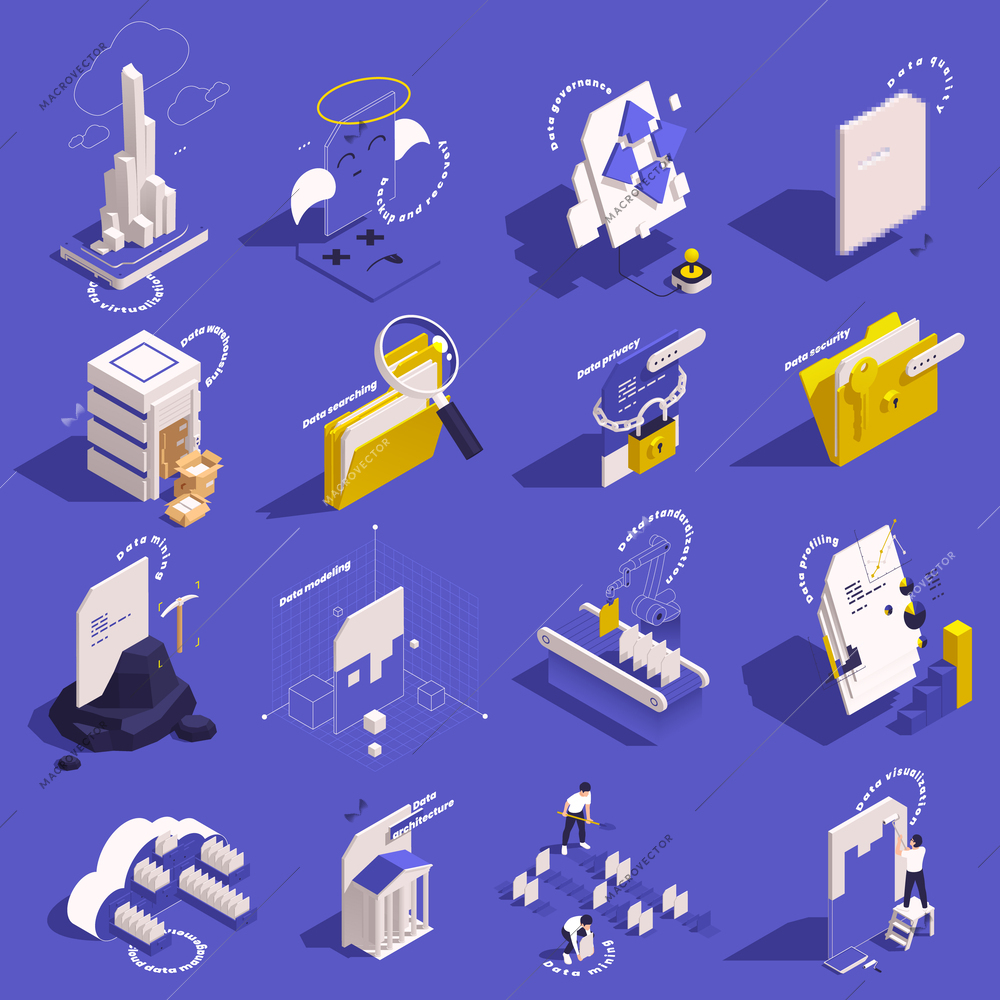 Data management concept set of isometric icons with isolated images of cloud documents folders backup storage vector illustration