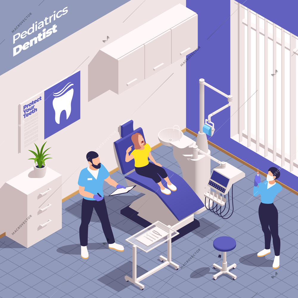 Pediatrics pediatrician isometric composition with indoor view of dentists office with child on dental operation chair vector illustration