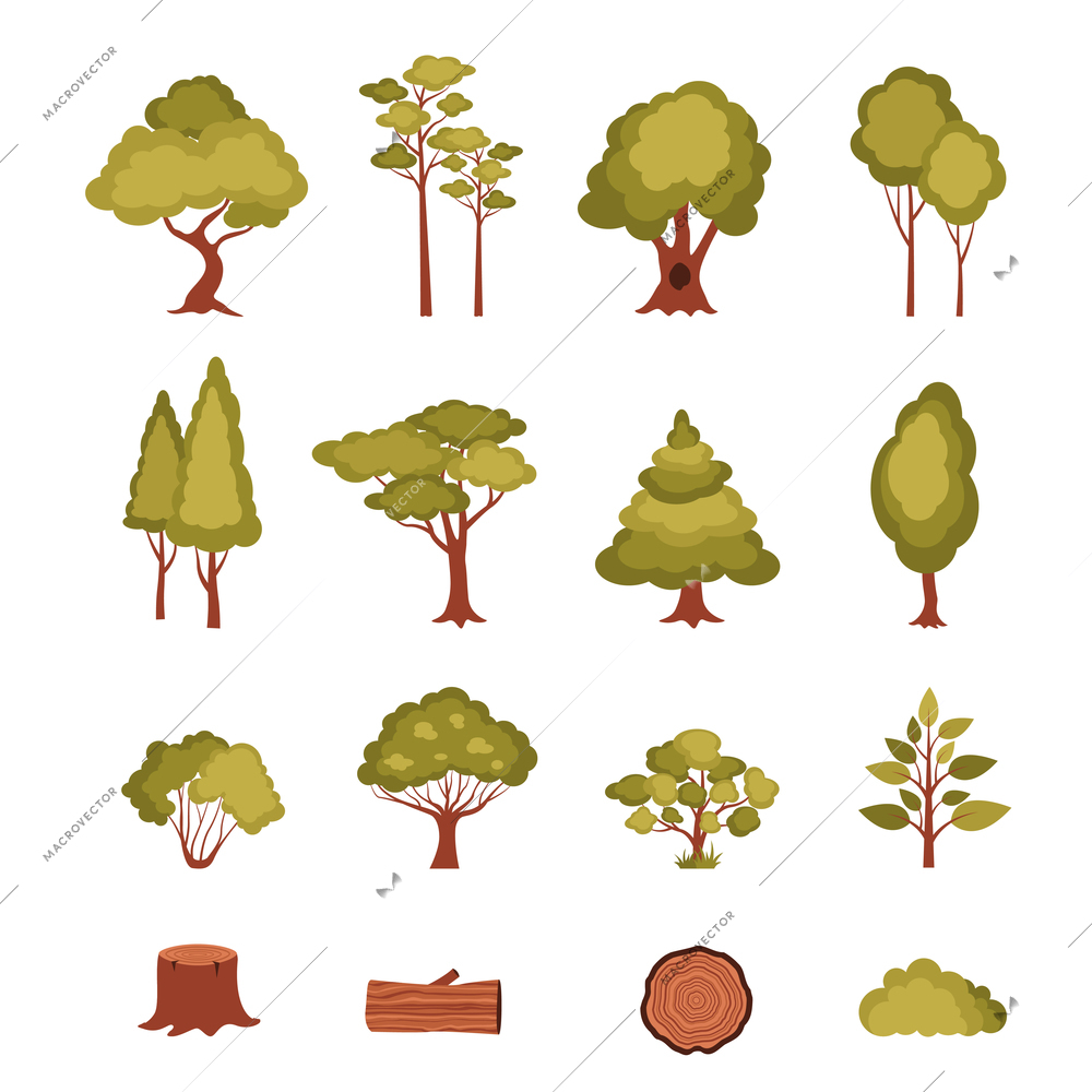 Forest elements set with trees bushes plants log and stump isolated vector illustration