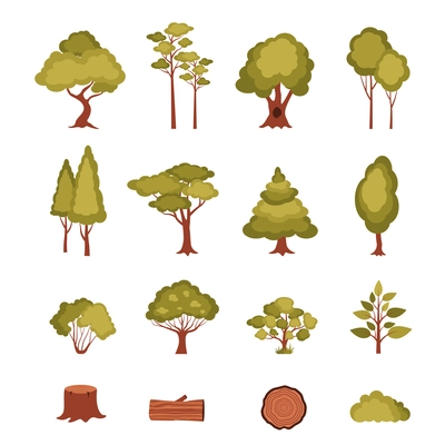 Forest elements set with trees bushes plants log and stump isolated vector illustration