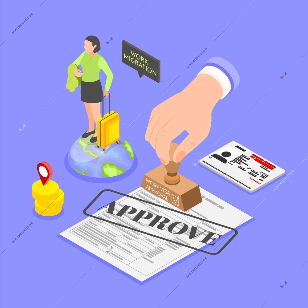 Work migration isometric composition with approved visa and female character with suitcase on color background vector illustration