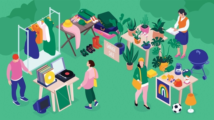 Garage sale isometric composition with people choosing plants clothing shoes vinyl records toys and other goods in yard vector illustration