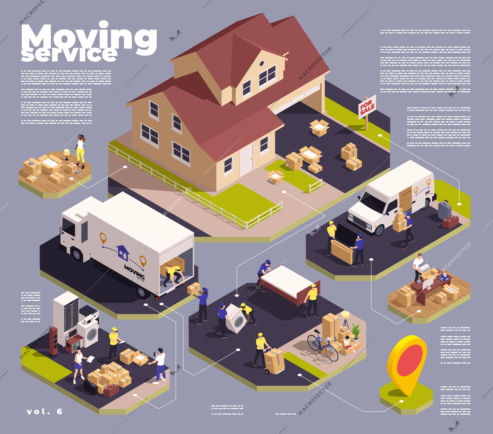 Relocation service isometric flowchart with moving company relocating people vector illustration