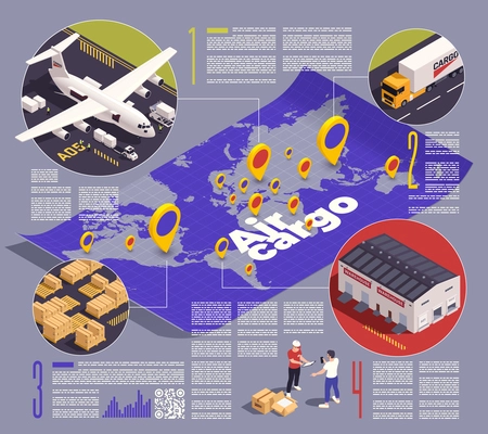 Air cargo isometric infographics with aircraft logistic symbols vector illustration