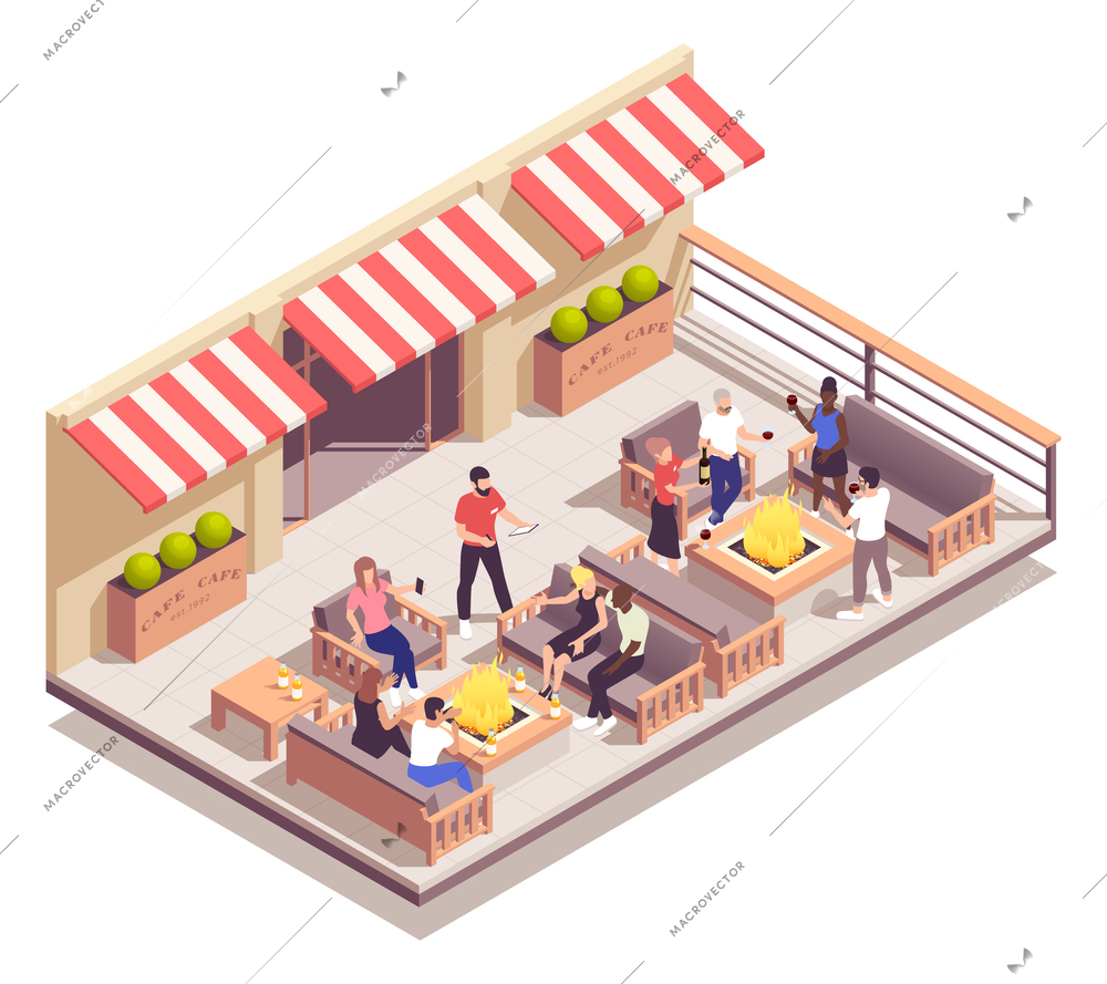 Street cafe isometric concept with restaurant patio terrace vector illustration