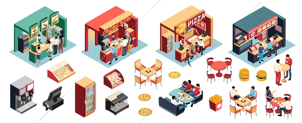 Food court isometric set of interior elements eating people and vendors taking orders isolated vector illustration