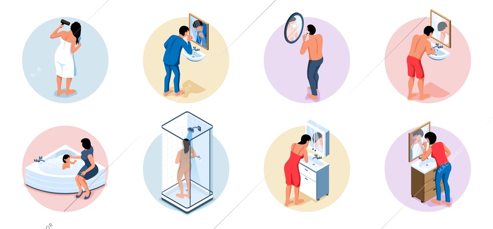 Isometric hygiene compositions set with round icons of adult people and children performing daily hygienic routines vector illustration
