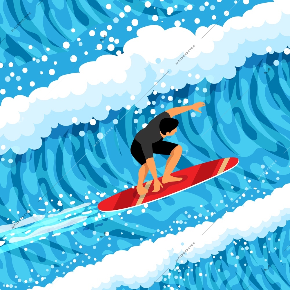 Surfing isometric vector illustration with male athlet character riding surfboard on big waves