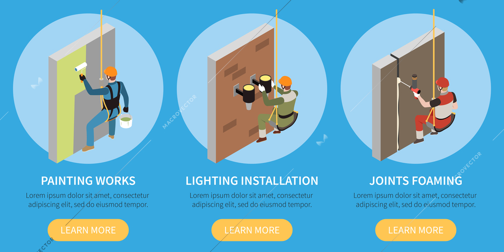 Industrial alpinism design concept set of three isometric compositions with male characters involved in painting works lighting installation joints foaming  vector illustration