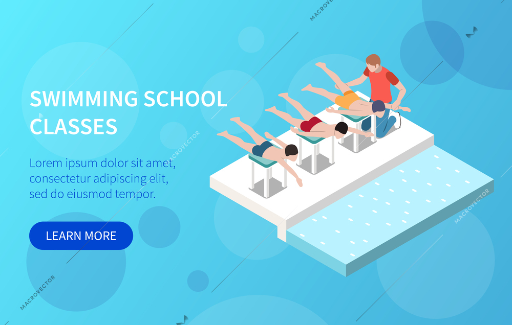 Swimming school classes for kids horizontal banner with coach teaching hand and foot movements without water isometric vector illustration