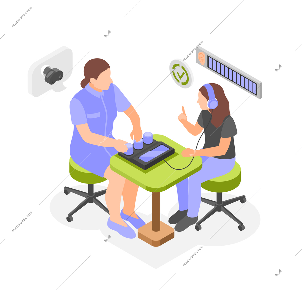 Hearing check isometric composition with doctor audiologist in medical gown doing hearing test vector illustration