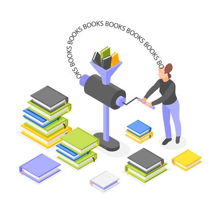 Personal productivity isometric composition with woman character passing through grinder a lot of books vector illustration