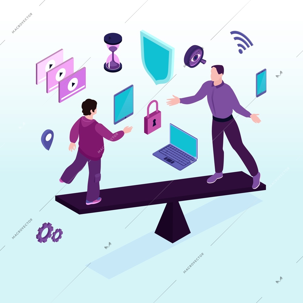 Isometric parental control composition with adult and kid standing on seesaw with icons of gadgets content vector illustration