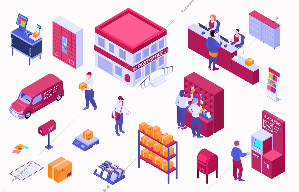 Isometric post office set with isolated icons of parcels on shelves scales self service clients employees vector illustration