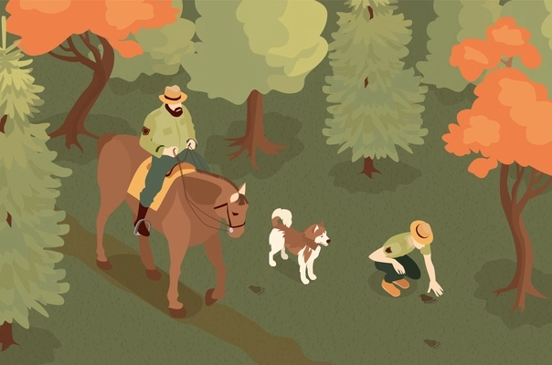 Isometric forest ranger composition with outdoor scenery and rangers on horse with dog discovering animal trails vector illustration