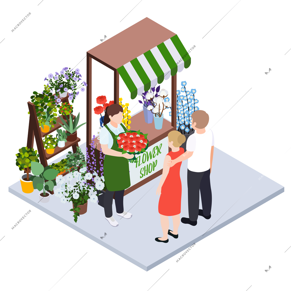 Florist city event flower decoration isometric composition with isolated view of flower market stall with people vector illustration