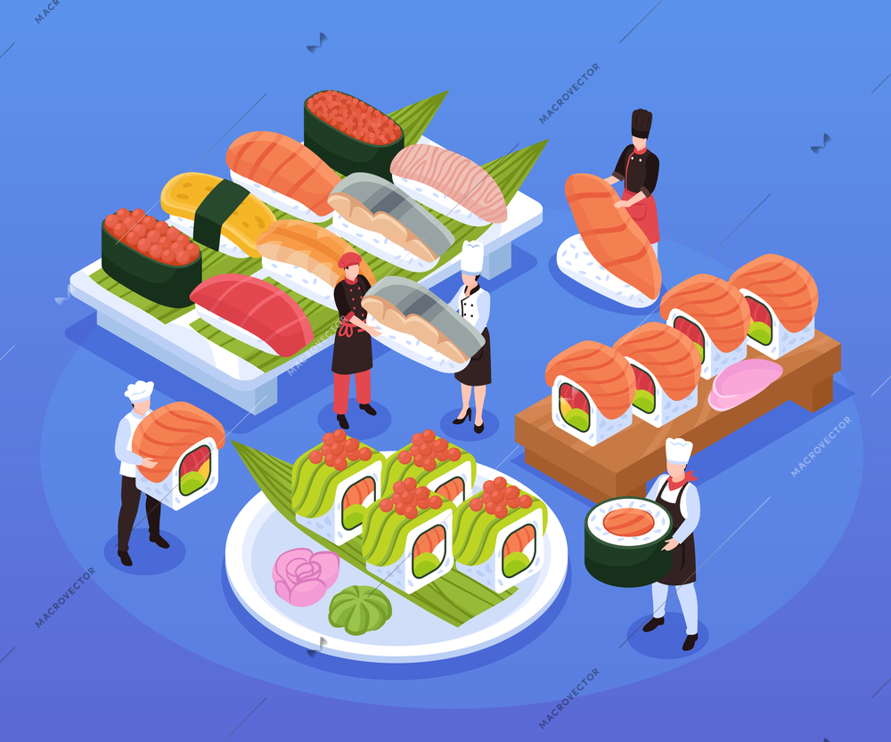 Various types of sushi and maki on trays and plate and tiny characters of chefs isometric composition on blue background vector illustration