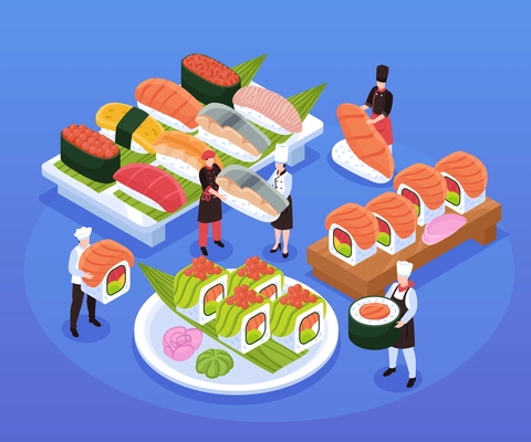 Various types of sushi and maki on trays and plate and tiny characters of chefs isometric composition on blue background vector illustration