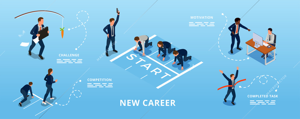 Running business people completing challenges starting new career isometric infographic on blue background vector illustration