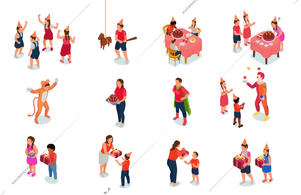 Isometric set of children having fun at birthday party isolated vector illustration