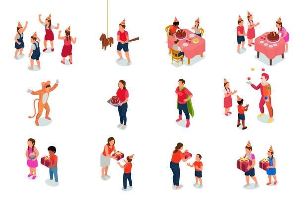 Isometric set of children having fun at birthday party isolated vector illustration