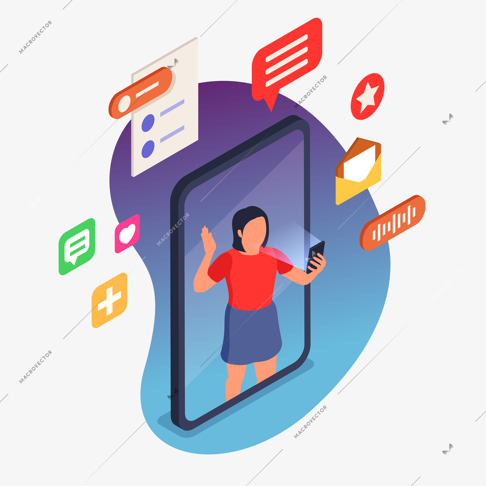 Community manager isometric composition with woman on smartphone screen and social media icons vector illustration