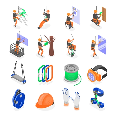 Industrial climber isometric set of special equipment and people in helmet and safety belt working at height isolated vector illustration