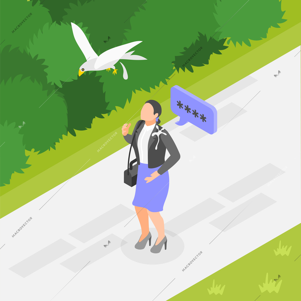 Unlucky day isometric background with woman got bird poop on clothes 3d vector illustration