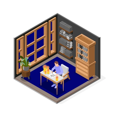 Power outage isolated object with man working at desk by candlelight isometric vector illustration