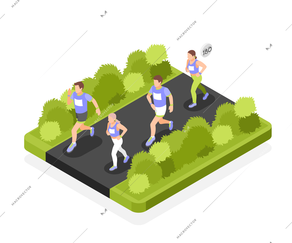 Outdoor marathon competition isometric composition with group of runners in sport uniform with  numbers on t shirt isolated vector illustration