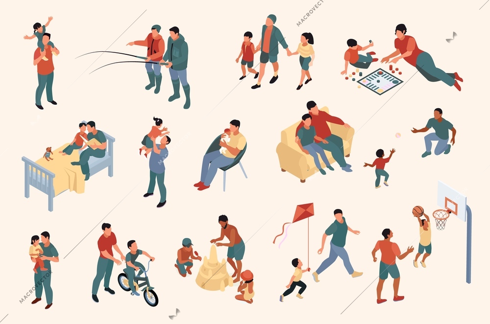 Isometric father day color set of isolated icons showing parents and kids involved in leisure activities vector illustration