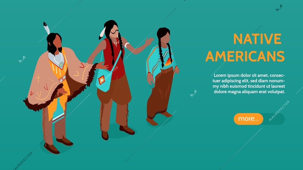 Isometric american indians horizontal banner with faceless human characters in traditional costumes with text and button vector illustration