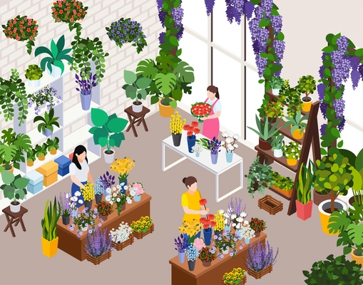 Florist city event flower decoration isometric composition with indoor view of flower shop with working women vector illustration