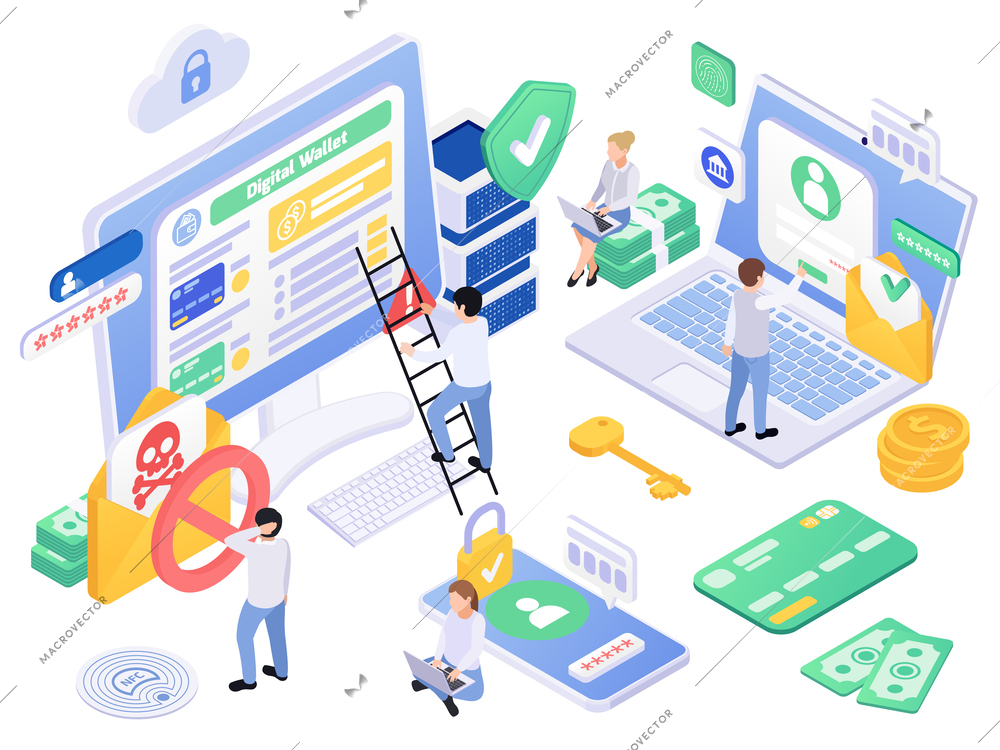 Secure payment isometric composition with isolated view of computers with mail icons shields locks and people vector illustration