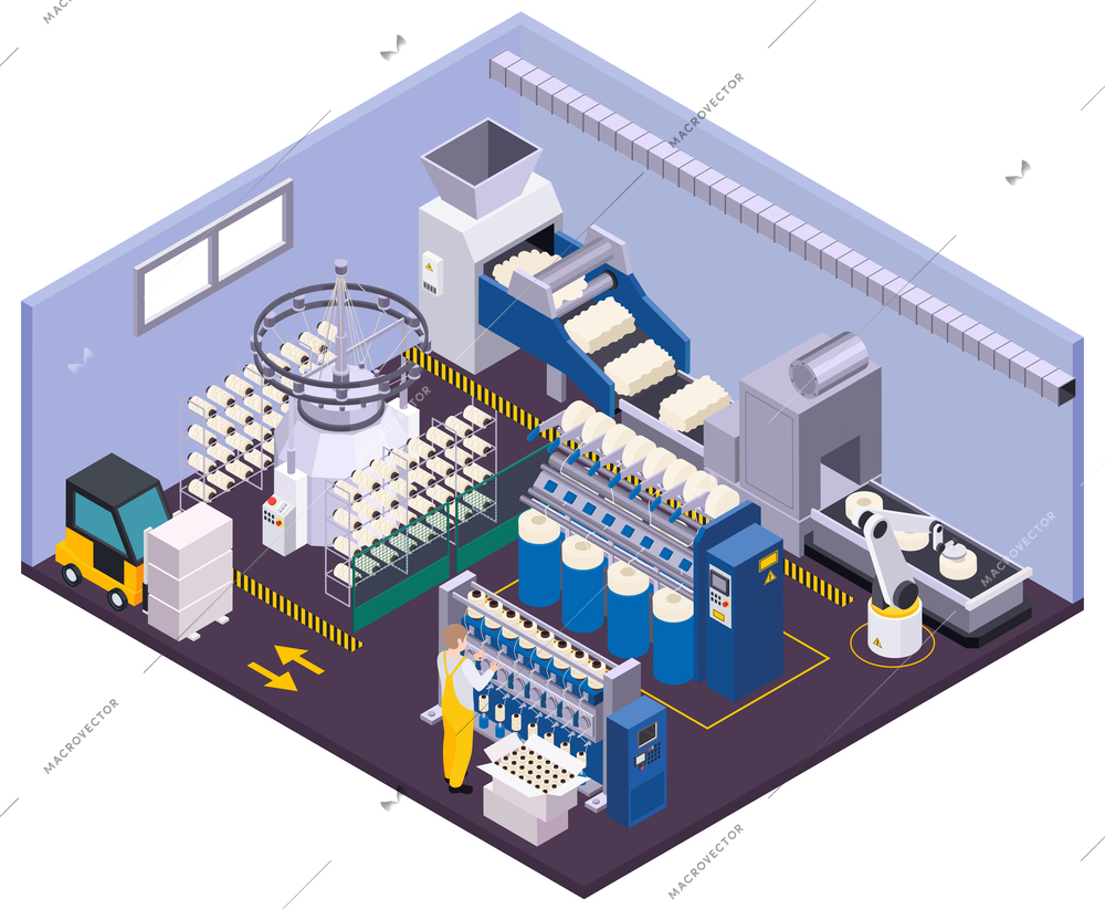 Textile industry isometric composition with isolated view of production facility with machine units forklift and conveyor vector illustration