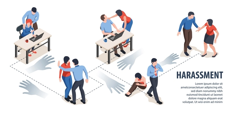 Isometric infographic template with text field and situations of harassment in office 3d vector illustration