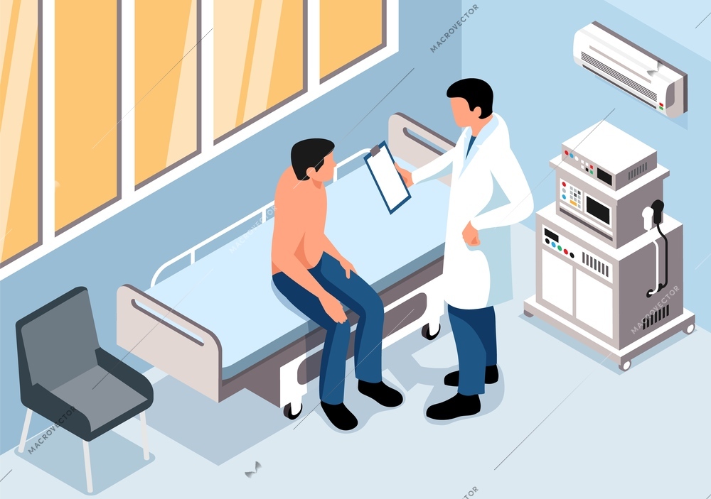 Male patient talking to doctor after medical examination during health checkup isometric vector illustration