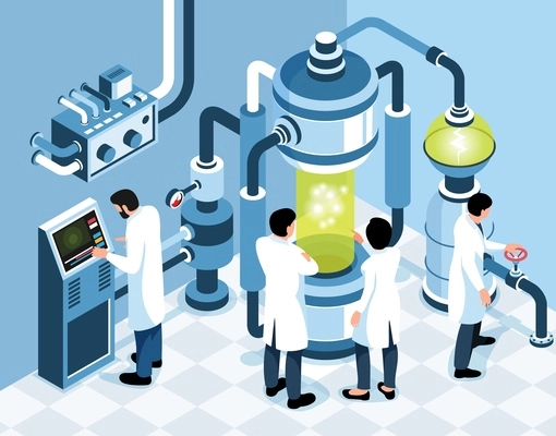 Biotechnology isometric background with scientists conducting investigation and experiments in laboratory vector illustration