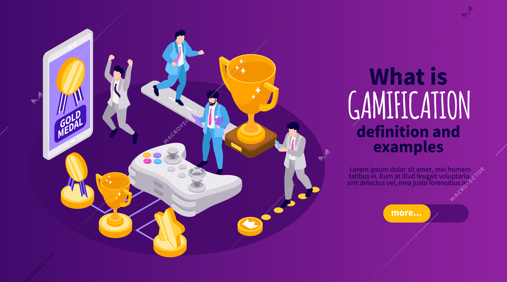 What is gamification isometric horizontal banner with characters of business people play online game and win gold medals 3d vector illustration