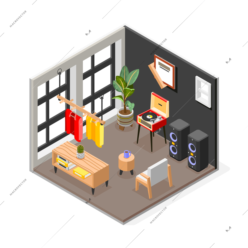 Store room isometric composition with isolated view of clothes shop room with cozy interior and loudspeakers vector illustration