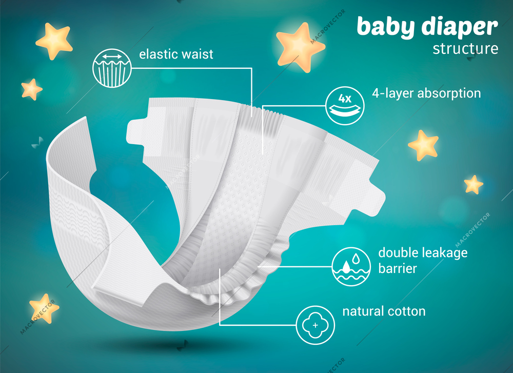 Baby diapers structure advertisement poster color background with stars and bokeh realistic vector illustration