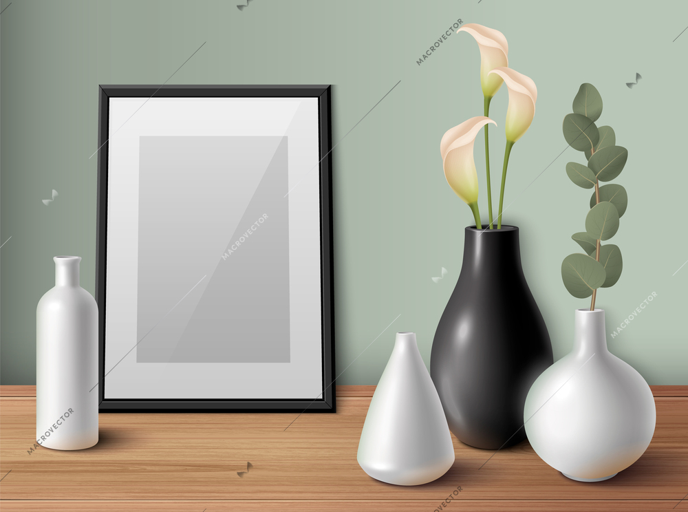 Modern interior design with ceramic porcelain vases and blank photo frame realistic vector illustration