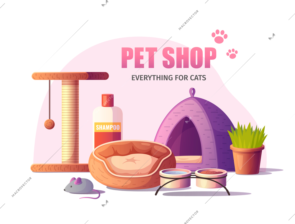 Pet shop poster in cartoon style with various cat care accessories vector illustration