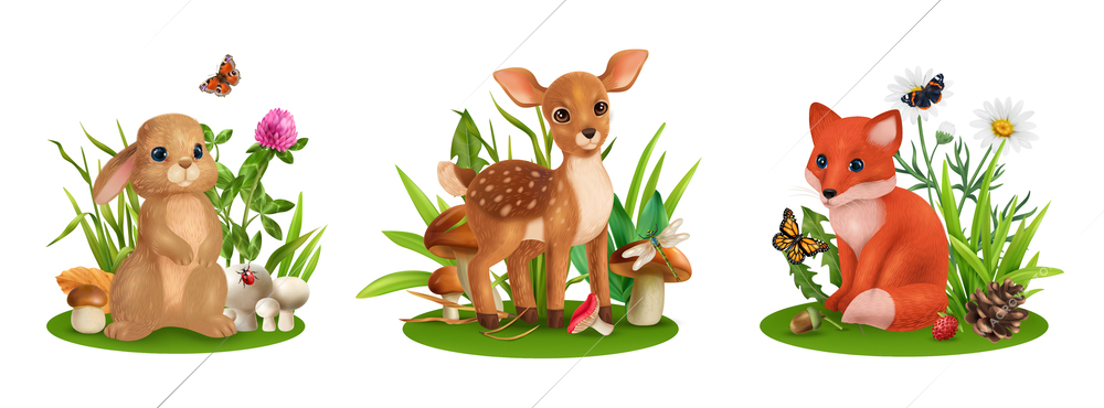 Realistic young animal compositions with rabbit deer and fox among flowers grass bushes butterflies and mushrooms vector illustration