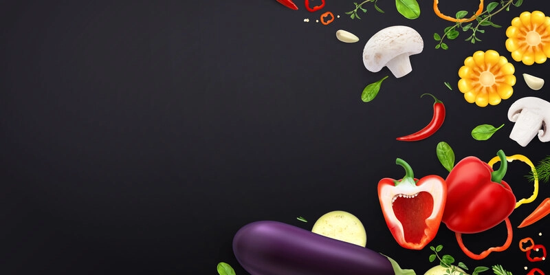 Vegetables realistic composition on dark background with empty space and bunch of vegetable slices and cuts vector illustration