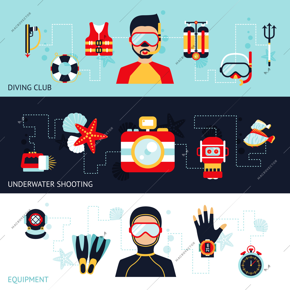 Diving horizontal banner set with club equipment underwater shooting elements isolated vector illustration