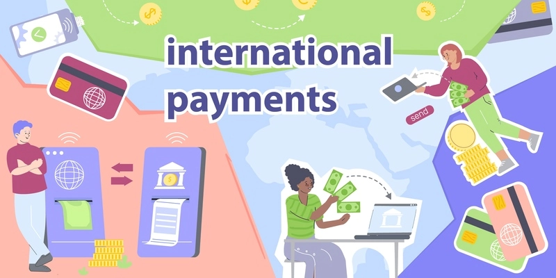 International payments flat collage with people carrying out worldwide financial transaction and remittance abroad vector illustration