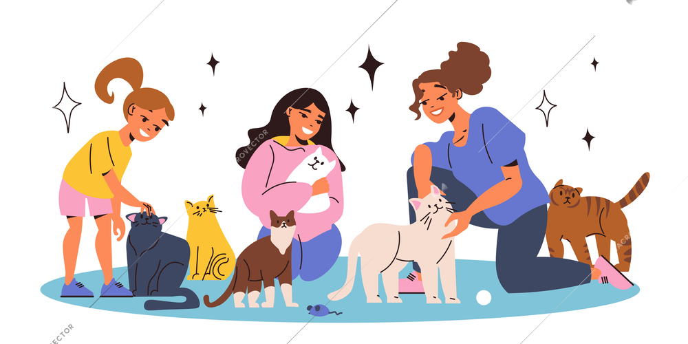 Pet shelter flat composition with happy girls cuddling with cats vector illustration